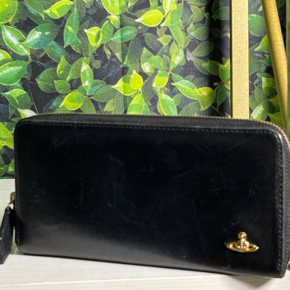 Vivienne Westwood Black Leather Wallet Zip Around Orb Logo Long Wallet